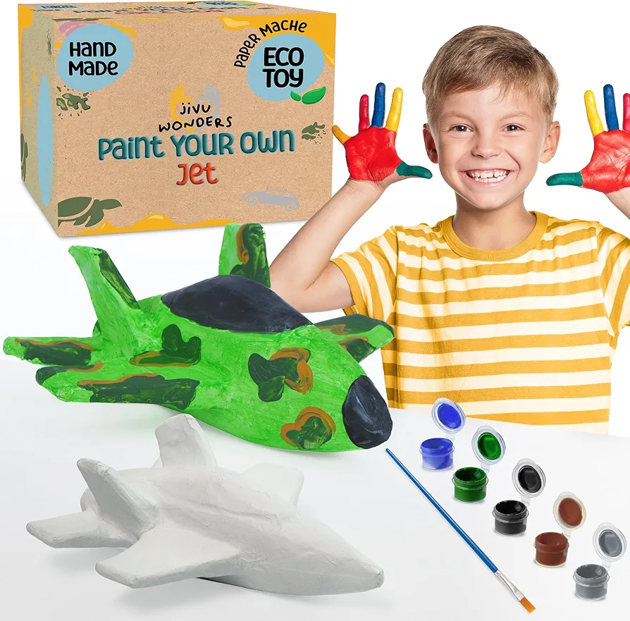 Jivu Wonders Paper Mache Figures Jet Plane Art Kit for Kids Craft Kit with Paints & Brush, Sustainable Paper Craft Supplies | White Unfinished Figurines Ready to Paint Art Sets for Boys Ages 7-12