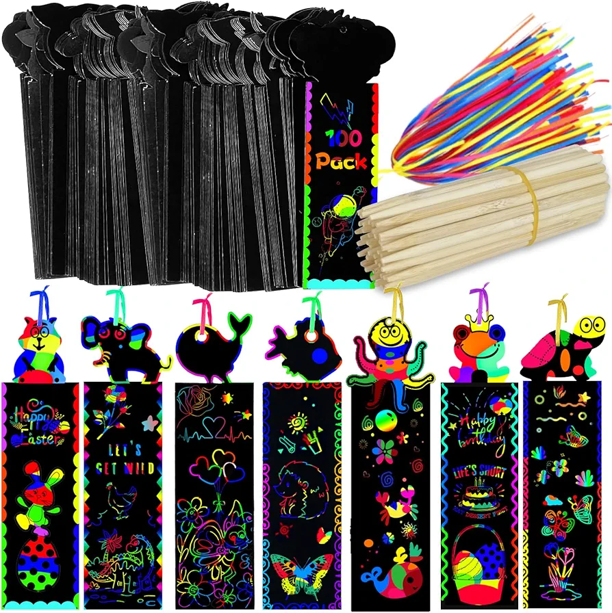 Tcvents 100Pcs Scratch Art Bookmarks Making Kit for Kids, Scratch Paper DIY Animal Bookmarks Bulk with 100 Pcs Ribbons and 100 Pcs Wood Stylus for Classroom Activities School Supplies Party Favors