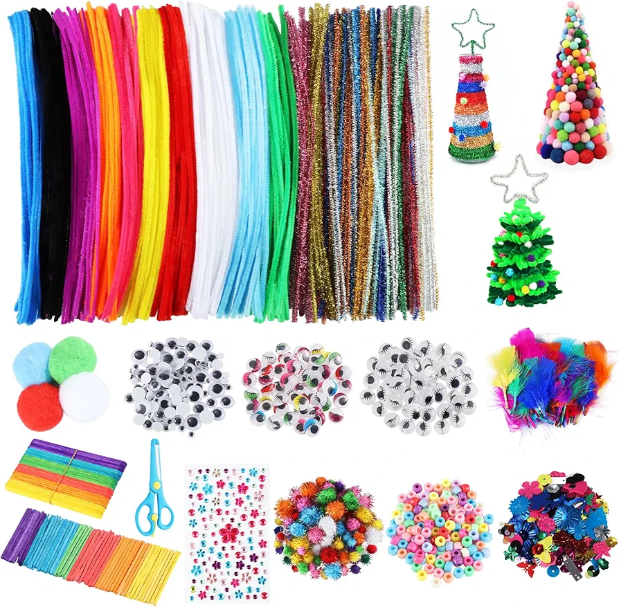 Needbrock 1250 Pcs Pipe Cleaners Craft Set, Multi-Color 170 Pipe Cleaners Bulk, Chenille Stems 204 Pcs Pom Poms 200 Wiggle Eyes Craft Supplies (5 mm x 12 inch)