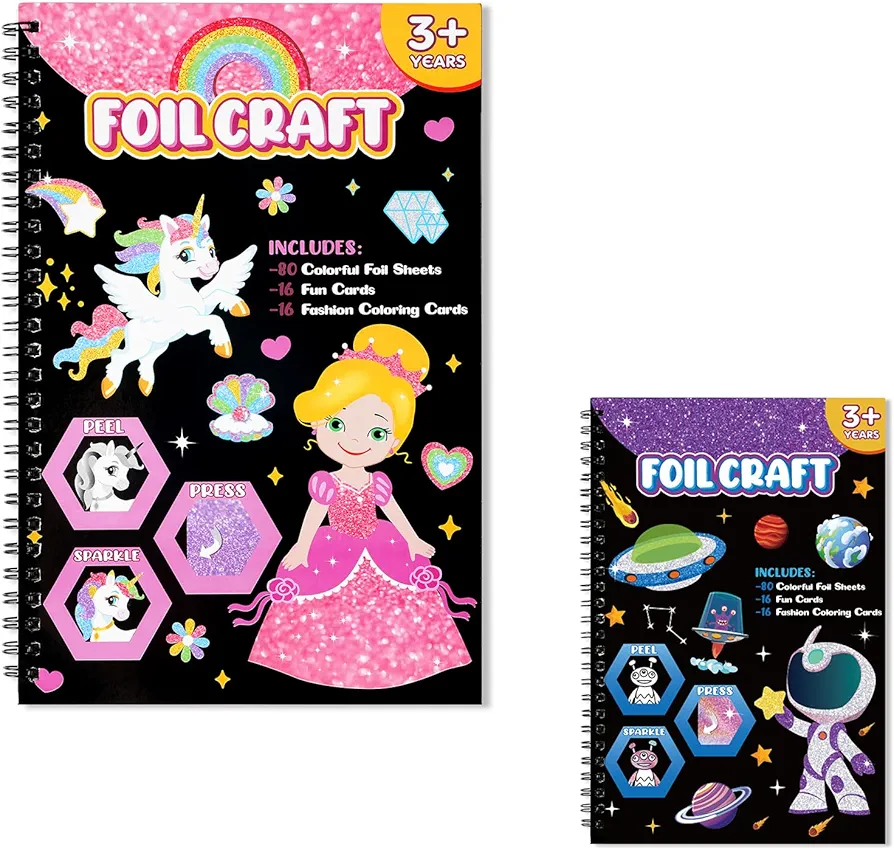 Art & Craft Activity,Foil Fun Princess and Outer Space DIY Art Kits,No Mess Creative Foil Art Kits Set Drawing Game for Kids