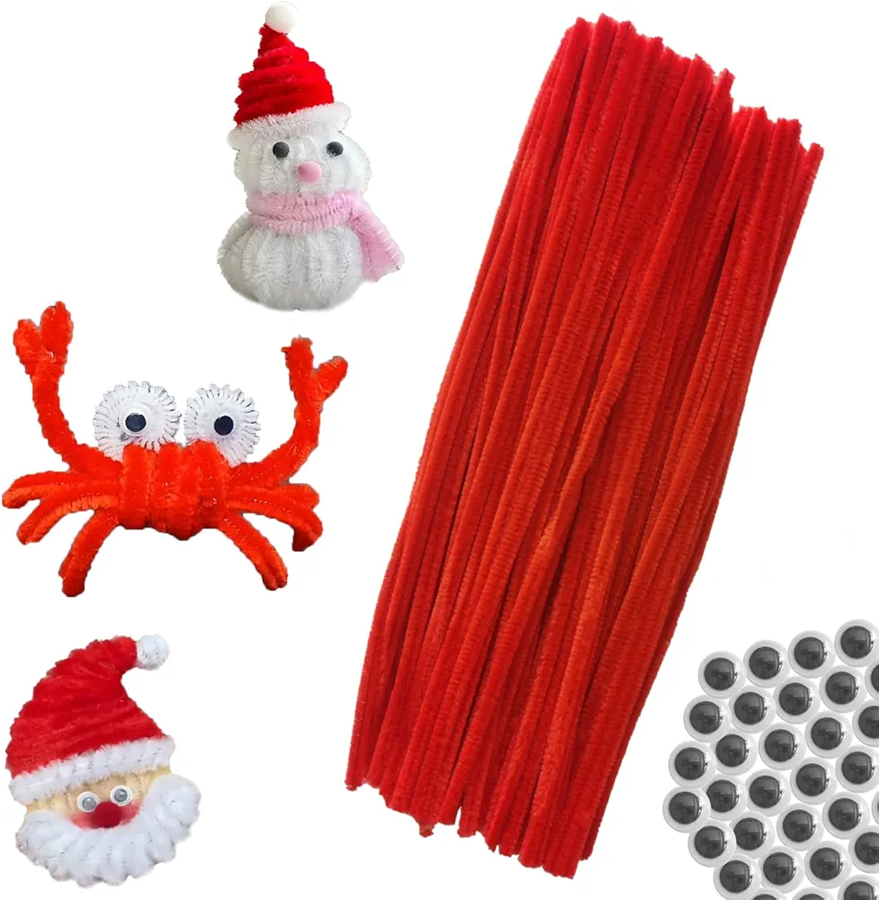 100pcs Red Pipe Cleaners Chenille Stems for DIY Art and Crafts with Googly Eyes 100pcs (12inch x 6mm)