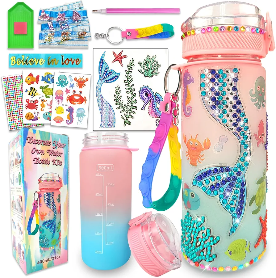 Decorate Your Own Water Bottle Kits for Girls Age 4-6-8-10,Mermaid Gem Diamond Painting Crafts,Fun Arts and Crafts Gifts Toys for Girls Birthday Christmas(Mermaid)…