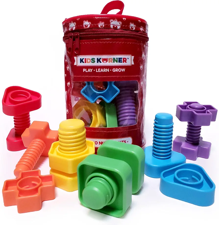 Jumbo Nuts and Bolts For Toddlers - Fine Motor Skills Rainbow Matching Game Montessori Toys For Toddlers & Toddler Games | 12 pc Occupational Therapy Educational Toys with Toy Storage + eBook