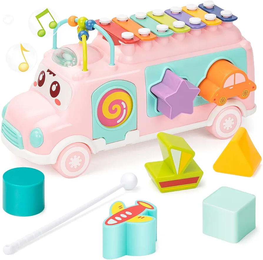 UNIH Baby Toy 12-18 Months, Music Bus Xylophone for Kids Toy, Baby Toys for 1 Year Old Boys and Girls with Building Blocks, Musical Toys for Toddlers 1-3, Early Educational Toys for Toddlers Gift