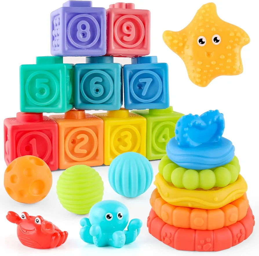 20 Pcs Baby Soft Stacking Blocks Toys Sensory Squeeze Toys for Infants 6 Months Up - Educational Learning Stacking Building Blocks Rings Balls for Babies, Gifts for Toddlers Girls Boys 12-18 Months