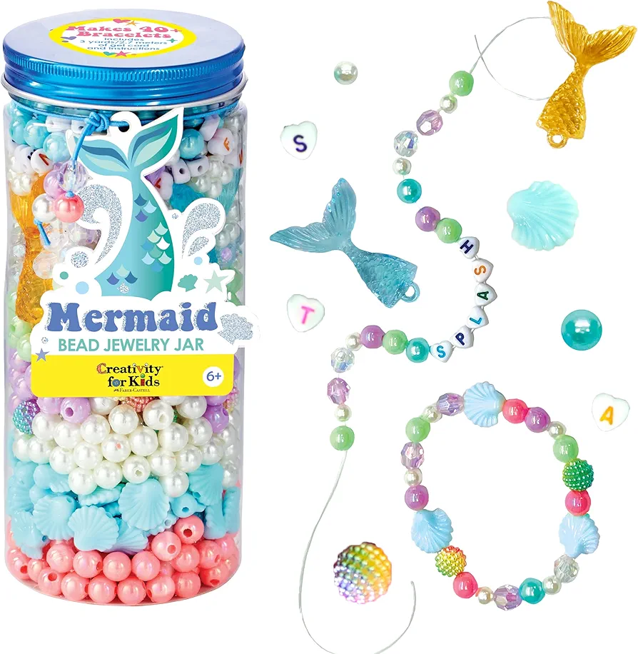 Creativity for Kids Mermaid Bead Jewelry Jar: Create 40+ Friendship Bracelets for Girls, DIY Girls Beads Jewelry Making Kit, Mermaid Gifts for Girls, Kids Craft for Ages 6-8+