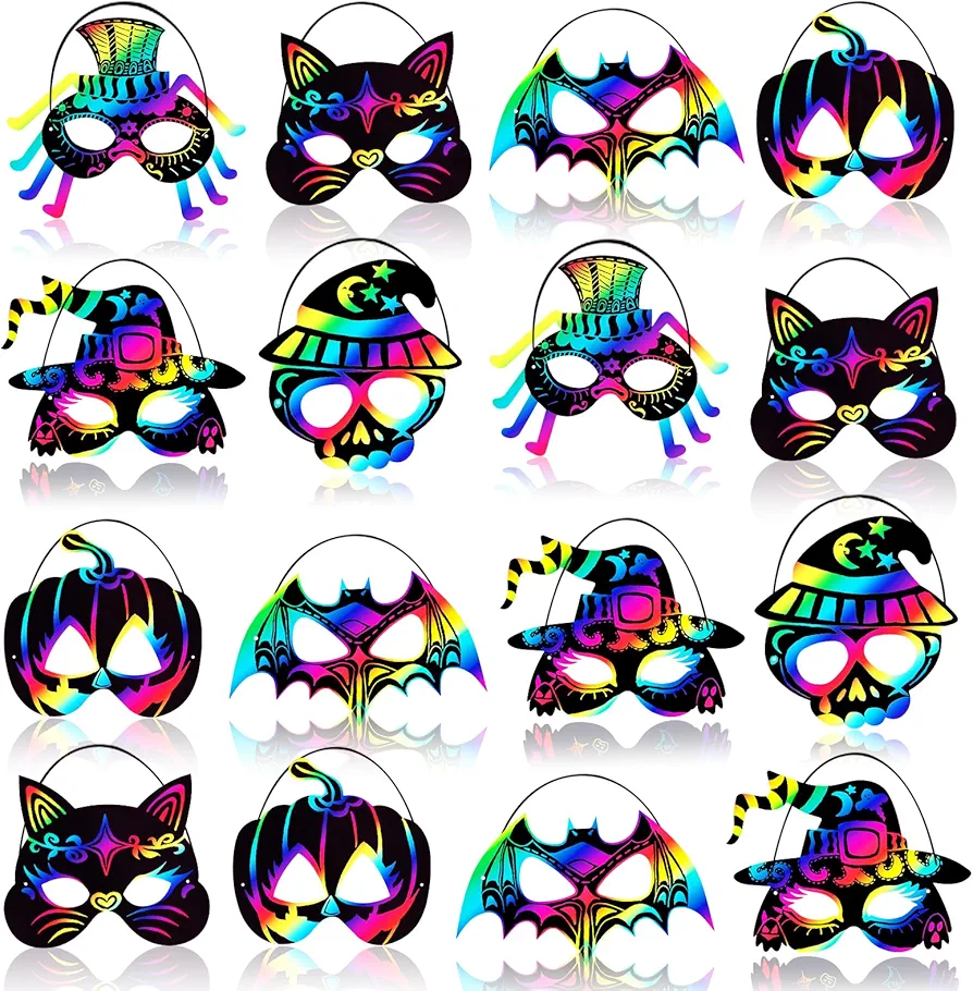 Max Fun 48PCS Halloween Rainbow Scratch Mask, Art Craft Kit for Kids Birthday Cosplay Classroom Decoration, Magic Scratch Paper Halloween Party Favor Supplies Bat Witch Pumpkin Zombie Pirate Skull