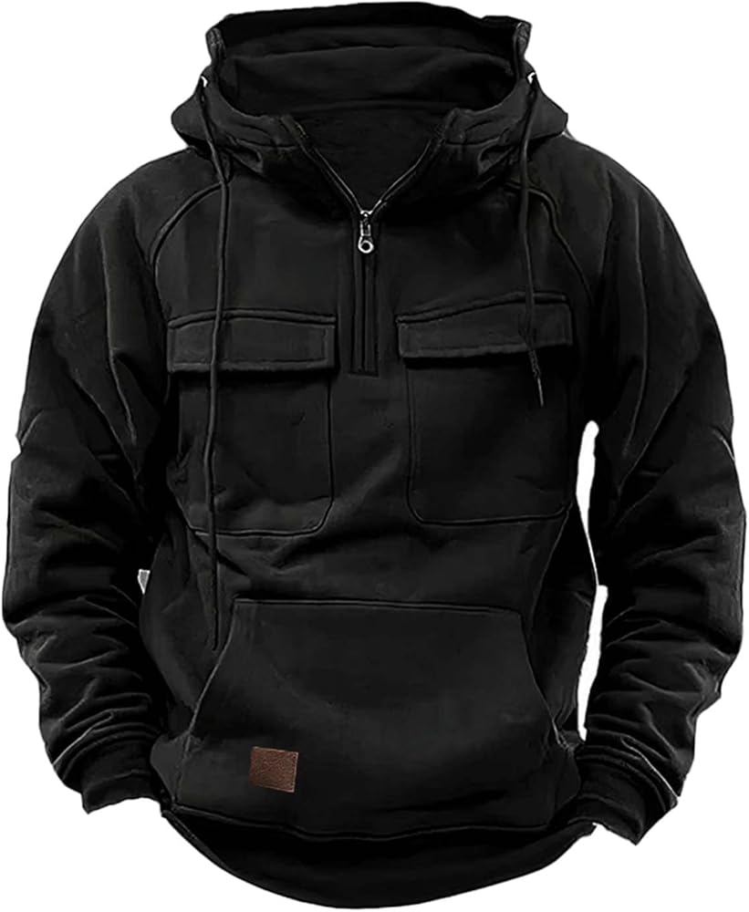 Tactical Hoodies for Men Quarter Zip Pullover Winter Cargo Hooded Sweatshirt Workout Outdoor Hoodies with Pockets