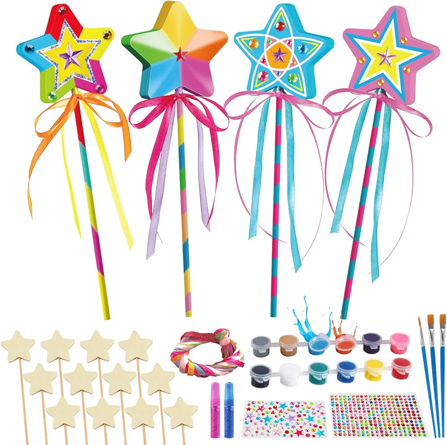 Byncceh 12 Sets Make Your Own Wooden Princess Wand Craft Kit, Fairy Wands Kit Include Fairy Wands, Gems Stickers, Paint & Ribbons Decorate Art DIY Magical Show for Party Supplies for Girls Gifts