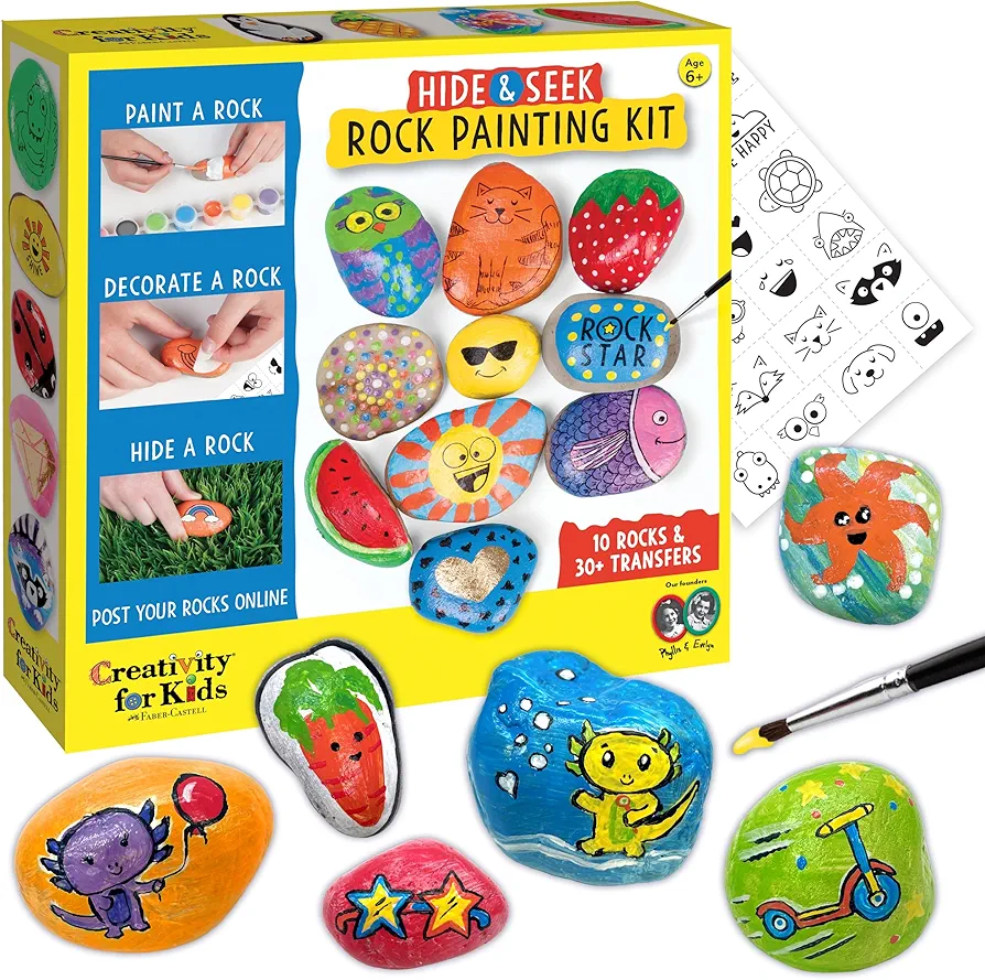 Creativity For Kids Hide and Seek Rock Painting Kit - Arts and Crafts for Kids Ages 6-8+, Gifts for Kids, Craft Kit with 10 Rocks and Waterproof Paint, Small