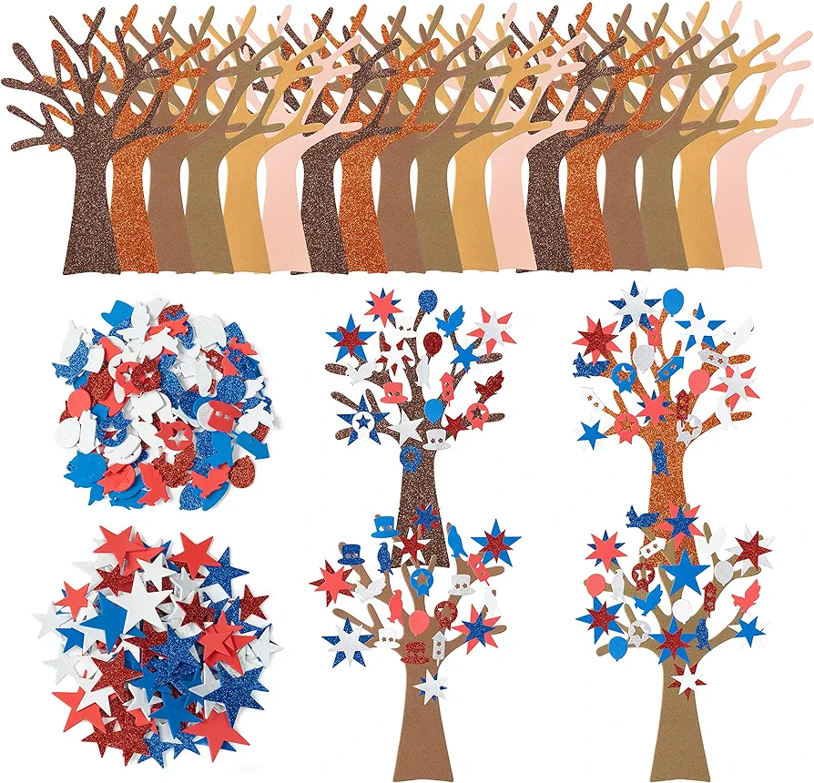 232pcs 4th of July Tree Craft Foam Sticker, Independence Day Glitter Foam Self Adhesive Stickers, Make Your Own Patriotic Star Trees Party Decors Supplies for Kids Art Home Classroom Activities