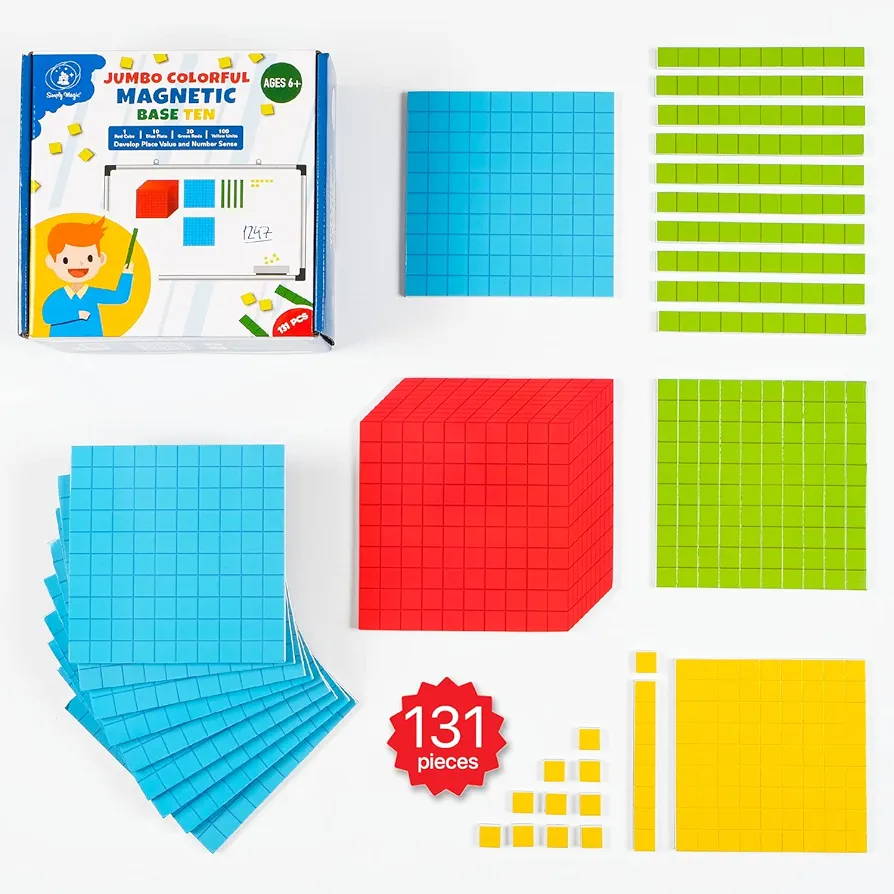 Simply magic 131 PCS Jumbo Magnetic Base Ten Blocks for Math, Place Value Blocks, Magnetic Base 10 Blocks Set for Teachers, Math Blocks for Counting, Counting Blocks, Magnetic Math Manipulatives K-3