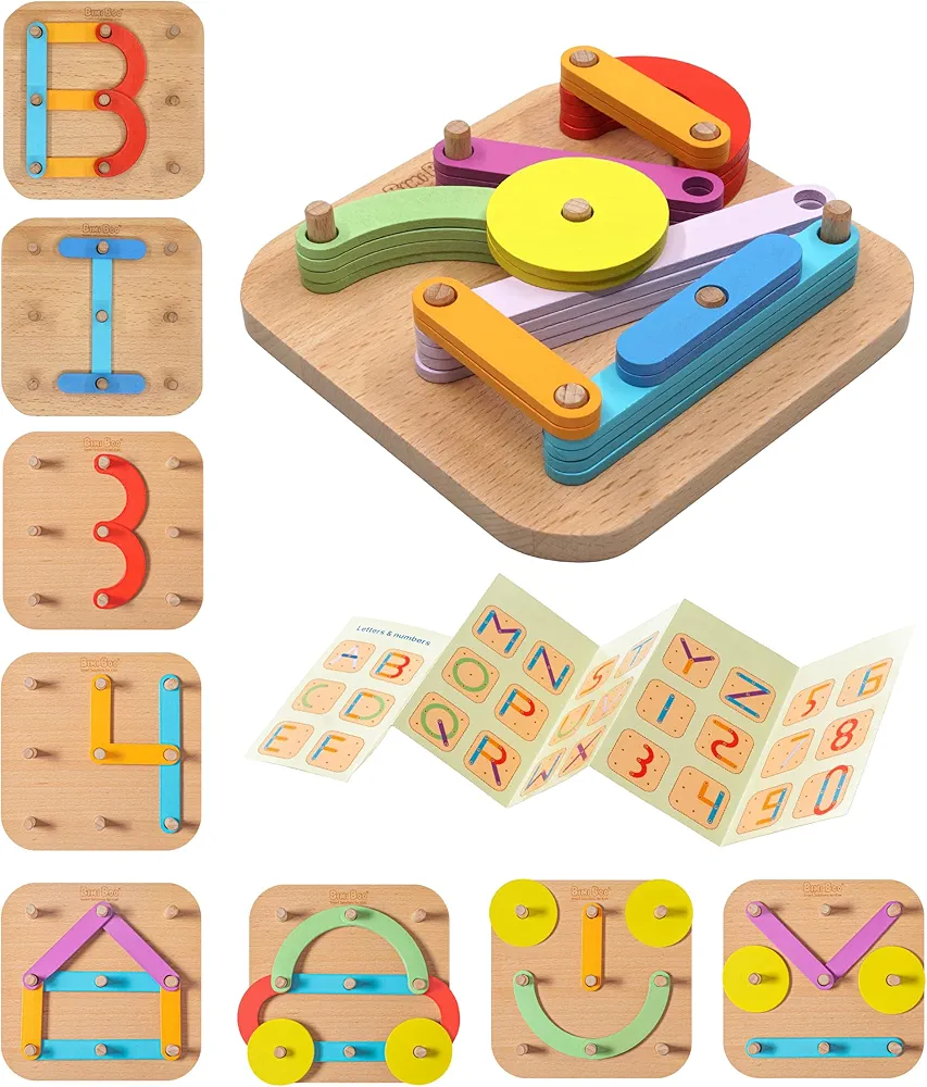 Bimi Boo Wooden Stacking Letters and Numbers Construction Activity Set for Toddlers, Peg Board Shape Sorter for Learning ABCs, Numbers, Emotions (28 Sticks, 1 Board, 1 Guide Booklet)