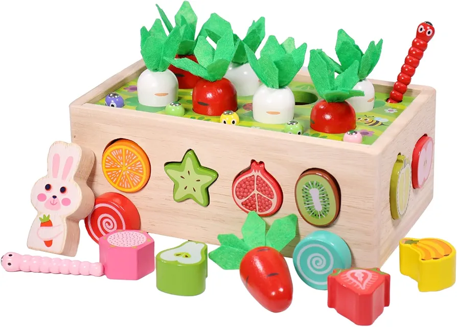 Farm Orchard Cart Montessori Toys for 1，2, 3 and 4 Year Old Boys and Girls Carrot Harvest Game Wooden Shape Sorting Toy Gift for Toddlers Preschool Learning Fine Motor Skills Game (Fruits)