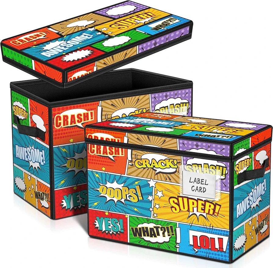 Leffis 2 Pack Comic Book Storage, Comic Book Box Foldable Comic Short Box with Pattern, Comic Book Bin with Fully Enclosed Lid and Label Slot, 13.8" X 7.5" X 9.6" Holds 150 Comics