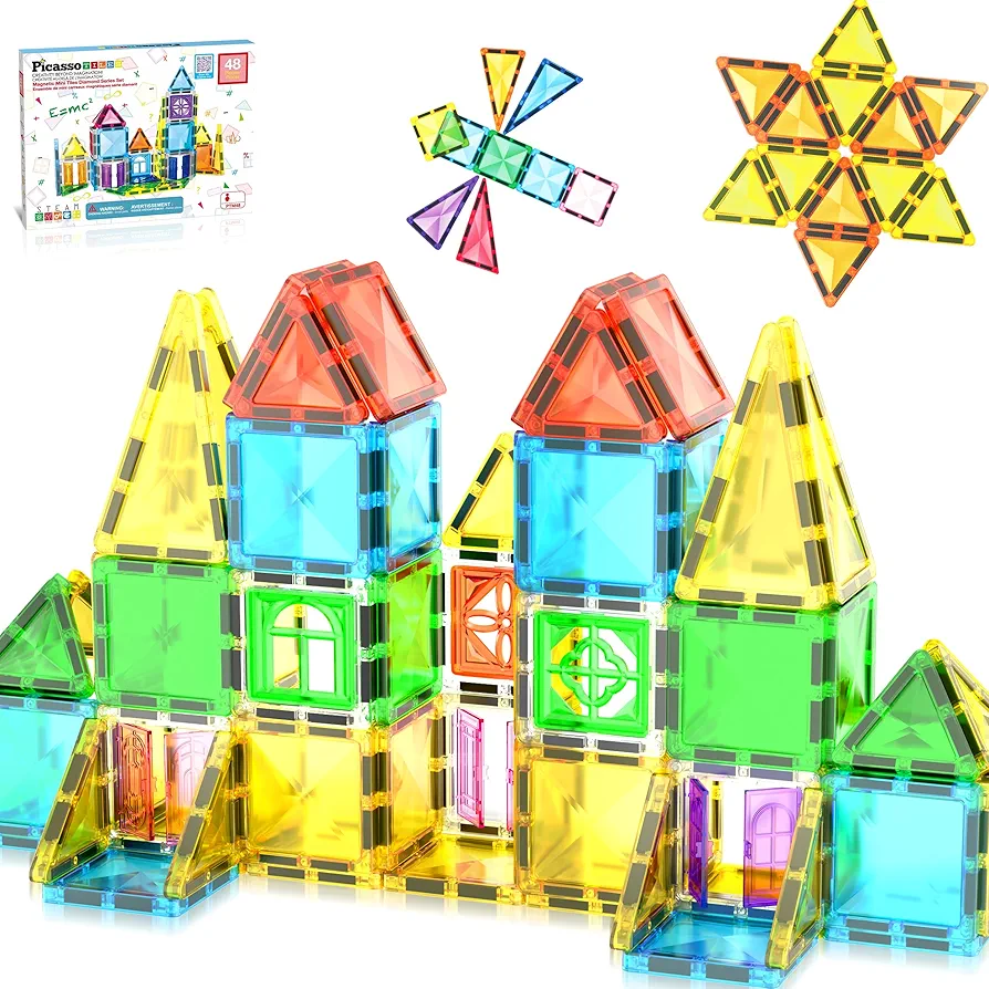 PicassoTiles Magnet Tile Building Blocks 48 Piece Travel Sized Playset with Windows and Clip-on Doors Construction Stacking Magnetic Tiles Block Learning Educational STEM Toy Boys Girls Age 3+ PTM48