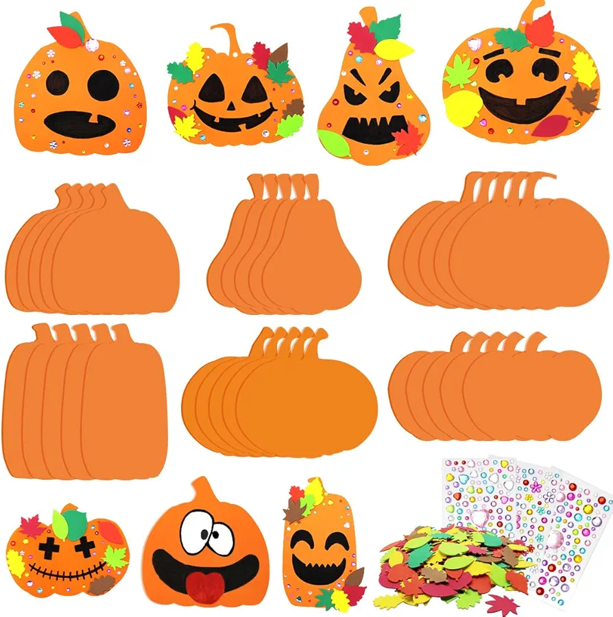 Hifunwu 30Pcs Halloween Foam Pumpkin Craft Kit Decorations with Foam Fall Maple Leaves Rhinestone Stickers for Halloween Thanksgiving Kids Art Crafts Decorations