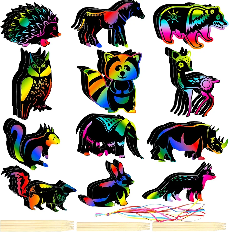 NODMIPNS 36 Pieces Woodland Animals Scratch Art for Kids,Forest Animals Rainbow Scratch Paper Kit Scratch Crafts Art Set Woodland Animals Party Favors for DIY Crafts Decoration(Woodland Animals)