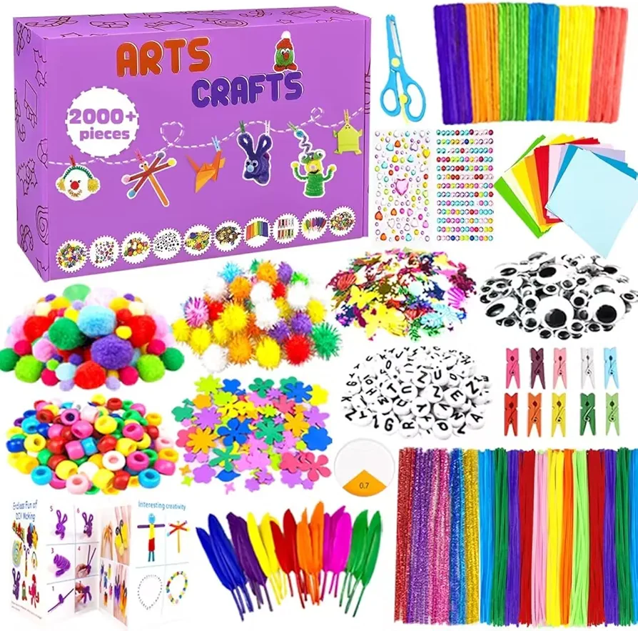 2000 Pcs DIY Arts and Crafts Supplies Kit for Kids - Kids Craft Kits Art Supplies Material Set with Pipe Cleaner All in 1 Crafting Collage Activity for Toddlers Gifts Toys Age 5 6 7 8 9 Year Old Girls