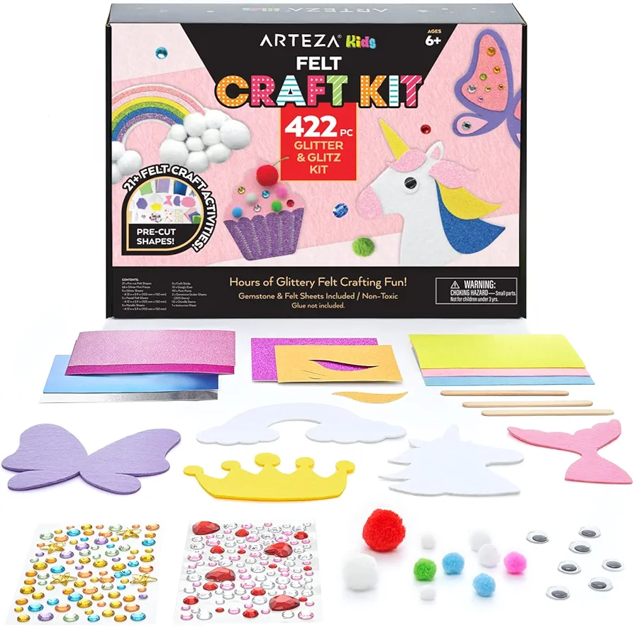 Arteza Kids Felt Kit, 422 Pieces, 21 Pre-Cut Glitter & Glitz Shapes, Assorted Felt Sheets, Glitter Mini-Pieces, Chenille Stems, and Accessories, Educational Kids’ Craft Supplies to Inspire Creativity