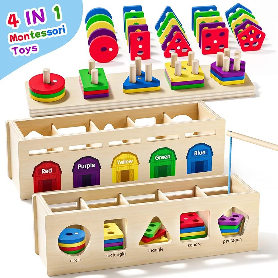 Montessori 4 in 1 Wooden Sorting Shape Sorter and Stacking Toy Box Color Matching Counting Fishing Game Preschool Educational Toys for Toddler 1 2 3 Years Baby Boys and Girls Gifts