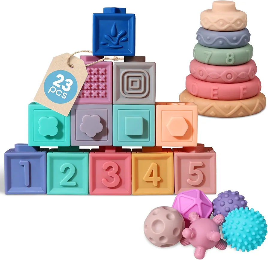 23 Pcs Baby Blocks 6 to 12 Months - Textured & Squeezable Soft Blocks - Stacking Blocks for Toddlers 1-3, Educational Blocks - Numbers, Shapes, Colors, Animals - Soft Building Blocks 6 Months +