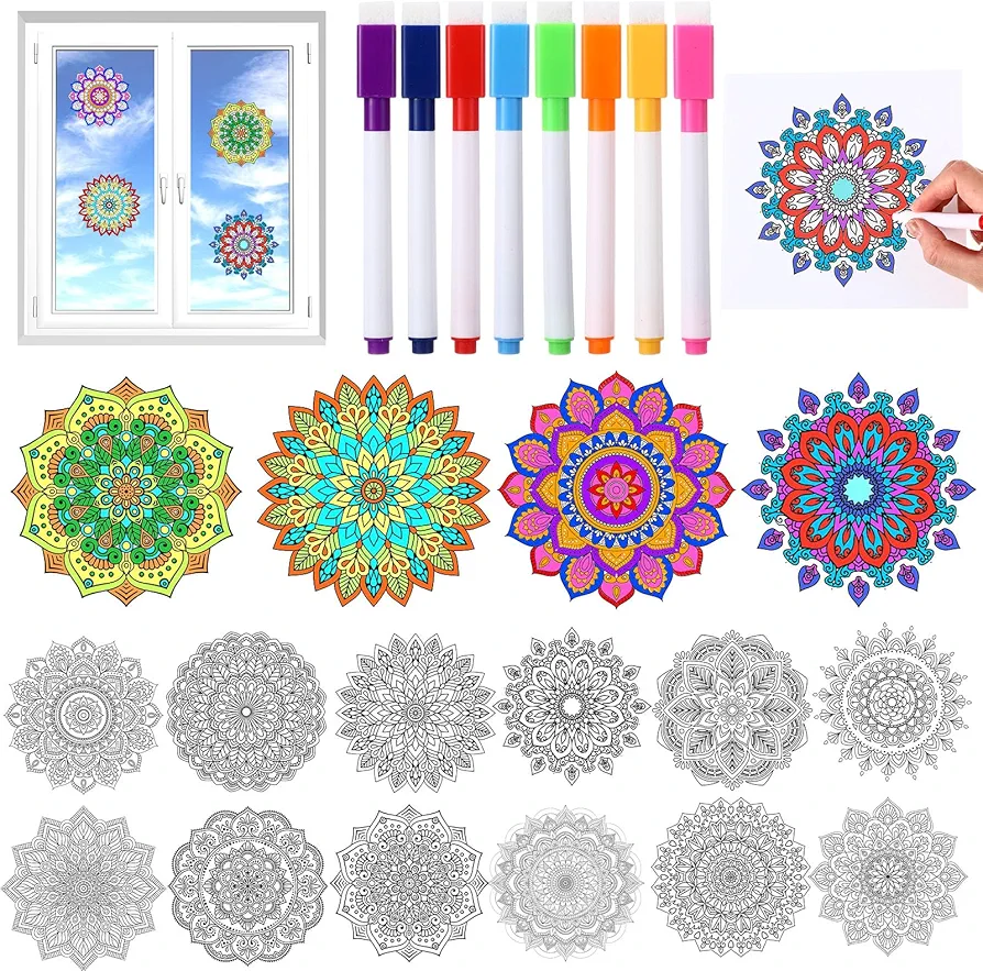 Trandraft 36 Pack Mandalas Arts Crafts for DIY Mandalas Coloring Window Clings with 8 Markers Mandala Design Pattern Window Suncatchers Crafts Kit Hobby Gifts for Home Decorations, 6 Inch in Diameter