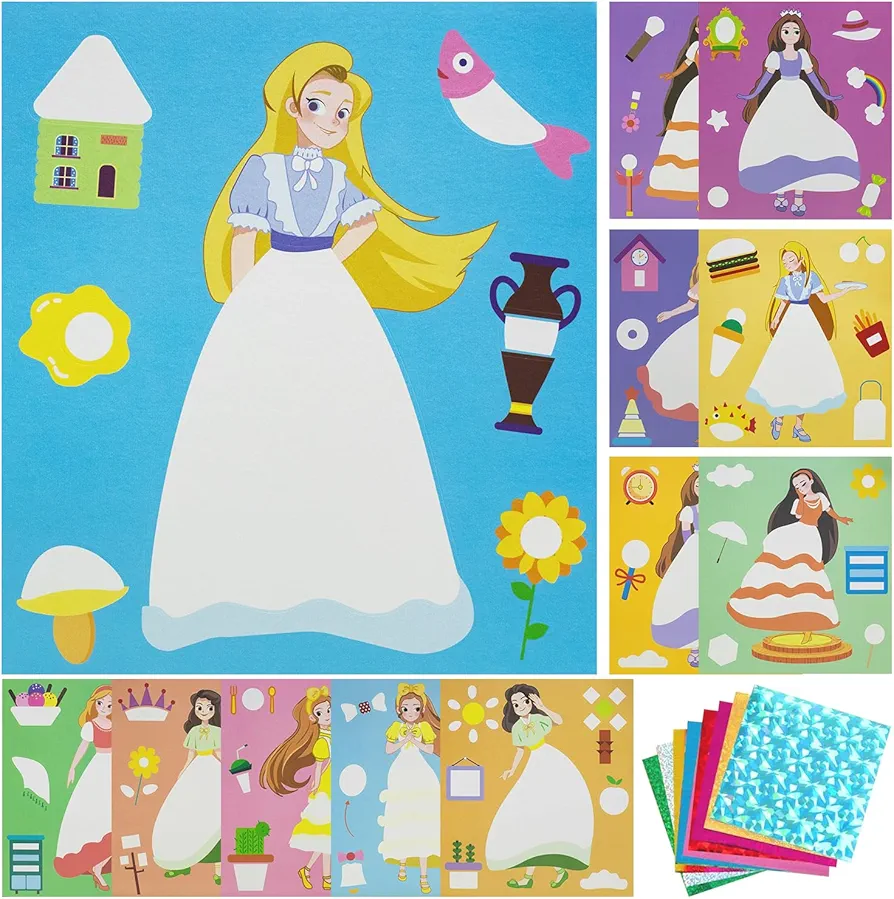 NAYODEUS Art Craft Activity for Kids: Fun Foil Princess & DIY Toy Kit, No Mess Creative Travel Supply Set, Idea Birthday Christmas Valentine Gift for Girl Boy Children 3-12 Year Old.