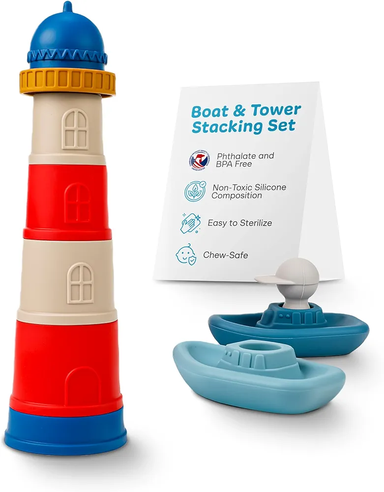 BPA-free Silicone Toddler Stackable Toys- Stacking Blocks, Stacking Cups or Stacking Rings, Stacking Toys for Toddlers 6-12 Months to 3 years old | Boat and Tower Bath Baby Stacking Toys