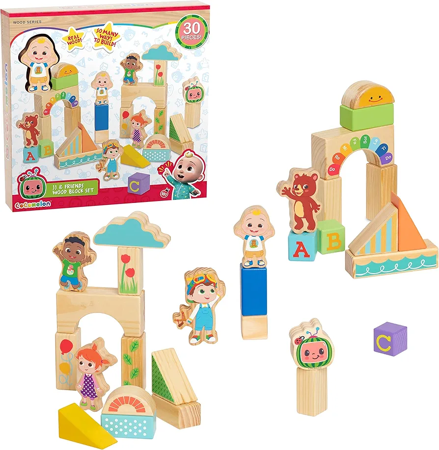 CoComelon JJ & Friends Wood Block Set, 30-Pieces, Recycled Wood, Officially Licensed Kids Toys for Ages 18 Month by Just Play