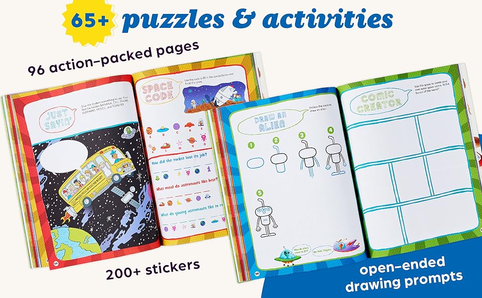 65+ puzzles & activities, 96 action-packed pages, 200+ stickers, open-ended drawing prompts