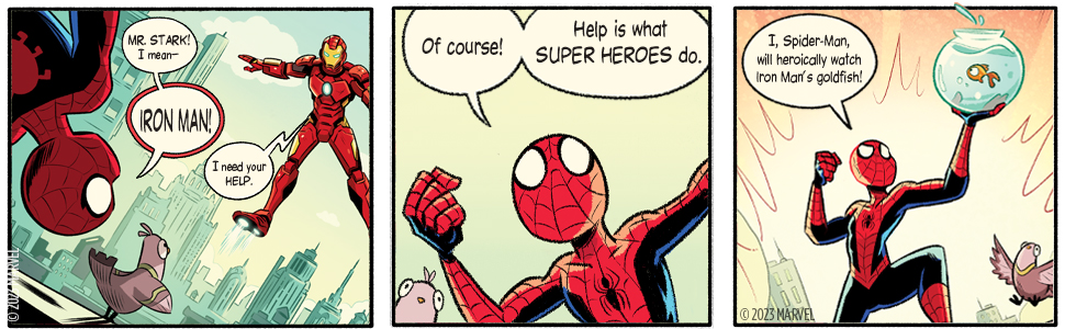 Three comic book panels from Spider-Man Animals Assemble. 