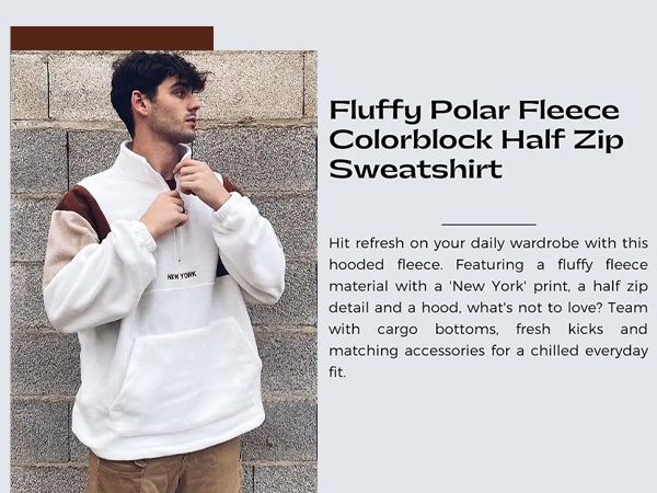 ZAFUL Men''s Fluffy Polar Fleece Sweatshirt NEW YORK Embroidery Colorblock Half Zip Unisex Hoodie