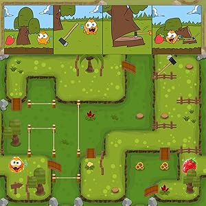 A colorful maze in the grasslands. 4 panels explaining how to use the axe to clear trees from path.