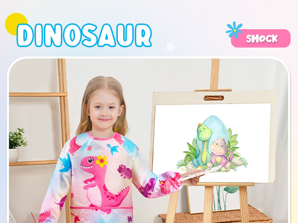 Dinosaur Art Smock- Girls Toddler Smocks for Kids Waterproof Apron Long Sleeve Kids'' Artist Smocks