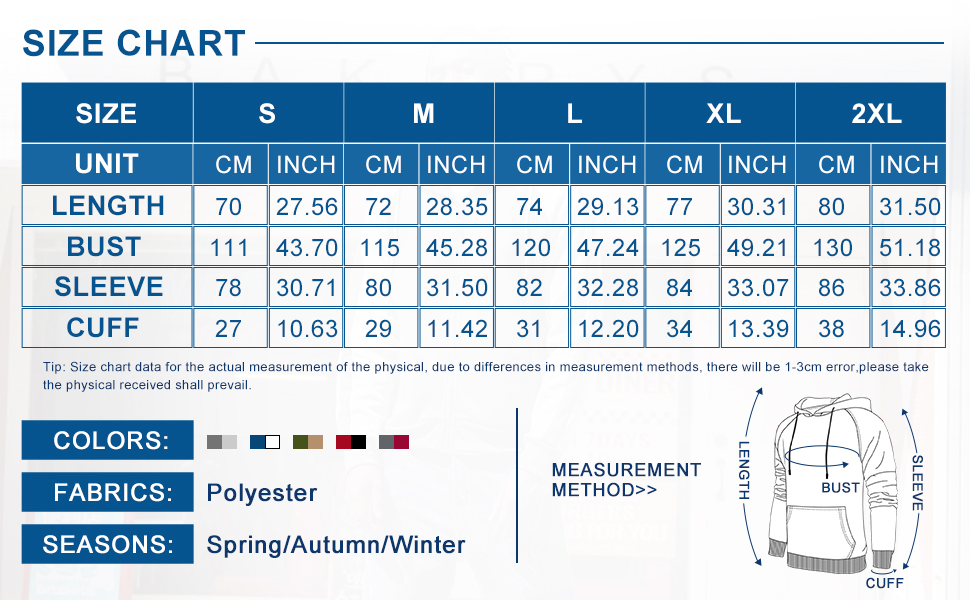 Size Chart of hoodies