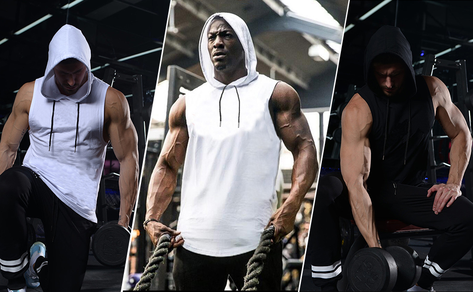 Men''s Workout Hooded Tank Tops Bodybuilding Muscle T-Shirt Sleeveless Gym Hoodies