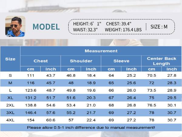 size chart of workout sweatshirts for men