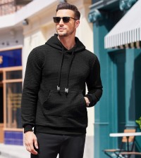 Mens Hooded Sweatshirt Long Sleeve Fashion Gym Athletic Hoodies Solid Plaid Pullover with Pocket