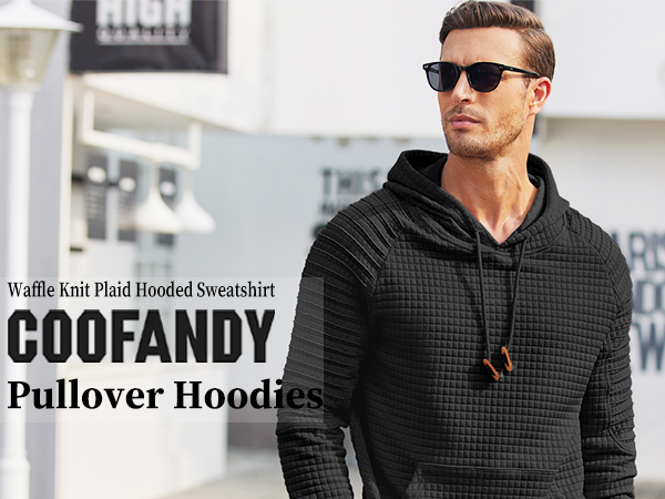 Mens Hooded Sweatshirt Casual Long Sleeve Drawstring Waffle Knit Pullover Hoodies