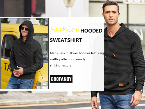 Mens Hoodies Pullover Long Sleeve Drawstring Waffle Knit Plaid Hooded Sweatshirt with Kanga Pocket