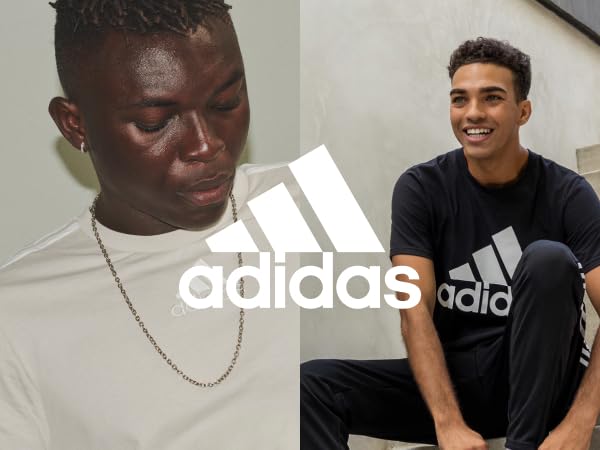 Male models wearing adidas essentials gear. White adidas logo on top of the image