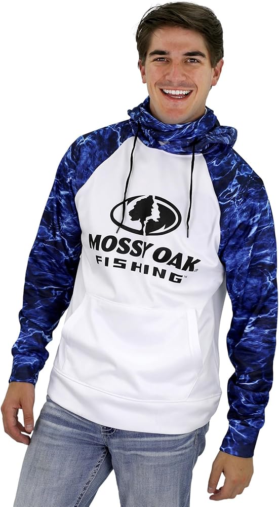 Mossy Oak Mens Fishing Hoodie, UV SPF Sun Protection Camo Fishing Sweatshirt with Face Mask Gaiter, X-Large, Marlin Blue