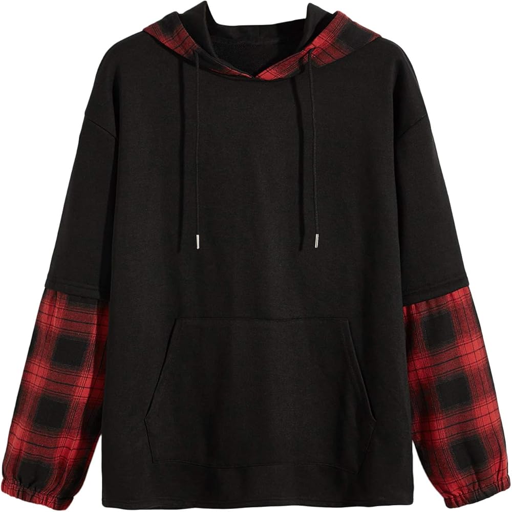 Floerns Men's Plaid Patchwork Long Sleeve Hoodie Sweatshirt With Pocket