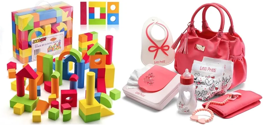 JaxoJoy Foam Building Blocks for Kids - 108 Piece EVA Foam Blocks and Litti Pritti Baby Doll Accessories - Diaper Bag Set