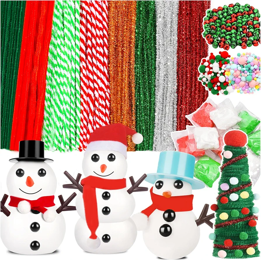 Christmas Pipe Cleaners, 709 Pcs Pipe Cleaners Craft Set Including 400 Pipe Cleaners, 260 Pom Poms Balls, 40 Jingle Bells and 9 Modeling Clay for DIY Arts & Crafts Making and Christmas Decorations