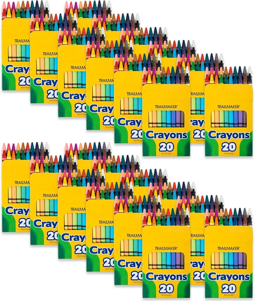 Trail maker 25 Pack Crayons Bulk for Kids, Party Favors, Classroom Wax Coloring Crayons in Bulk, 20 Per Box Art Set (25 Packs of 20 Crayons)