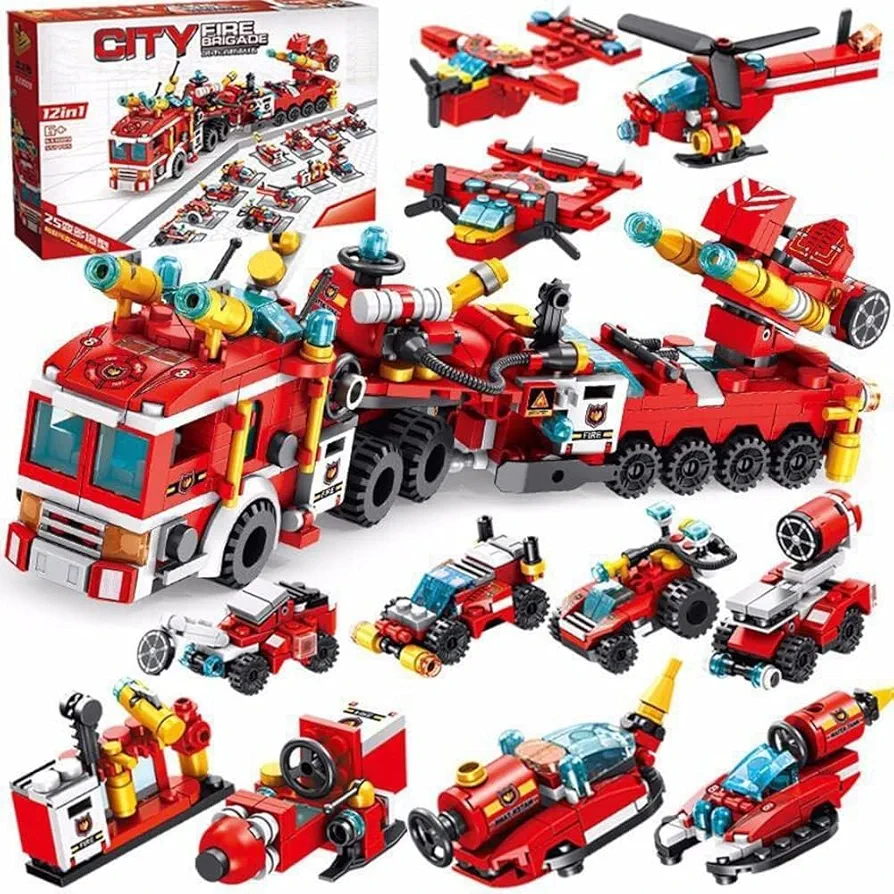 Building Blocks Fire Truck Boat Helicopters Cars Building Brick Building Kit Adult Collectible odel Great Gift for Boys, Girls, and Teens Ages 6+