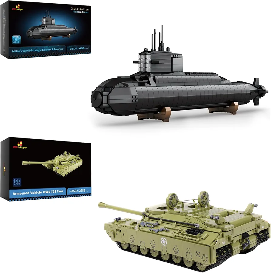 JMBricklayer Nuclear Submarine Building Block Set 61505 & T28 Heavy Tank Building Block Set 61502, WW2 Military Toys Model Kit, Construction Toy Home Decor History Collectible, Gifts for Boys Adult