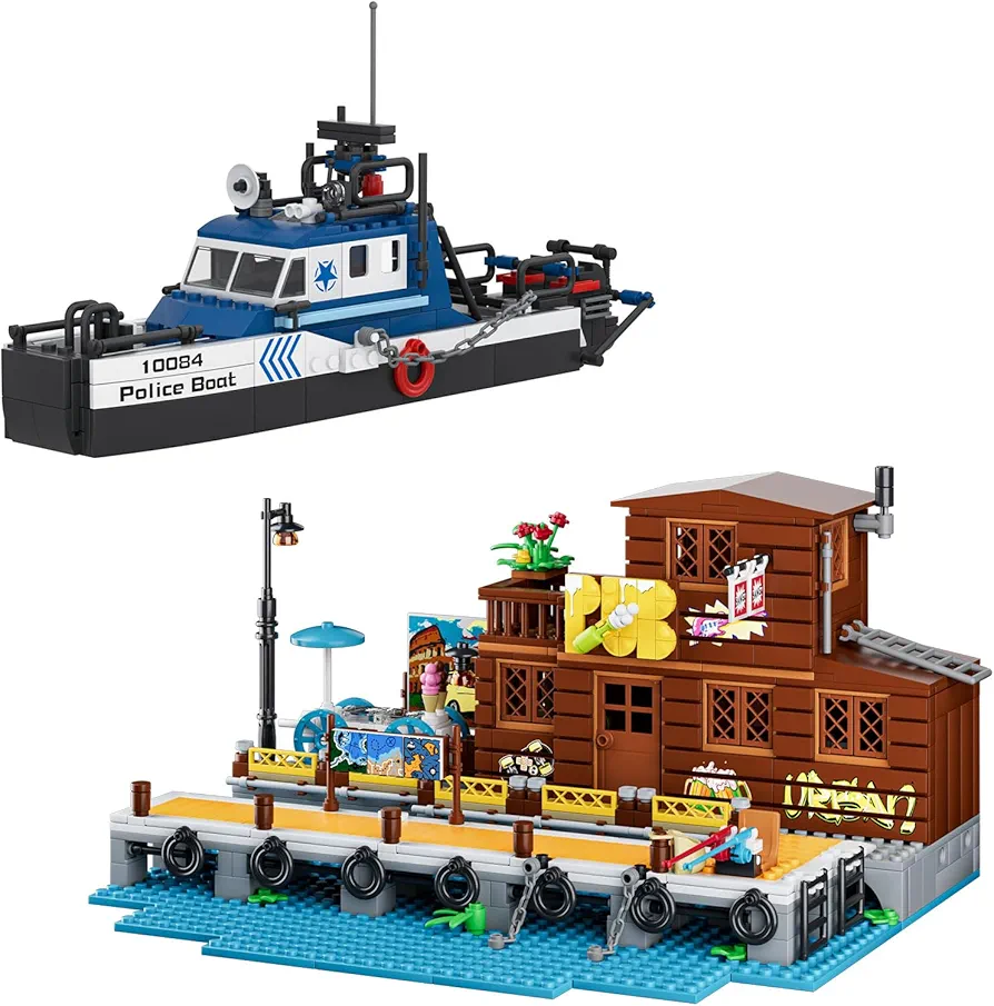 Mould King Boats and Dock, Beach House Ships and Boats Building Sets, City Rescue Construction Toy Building Kits